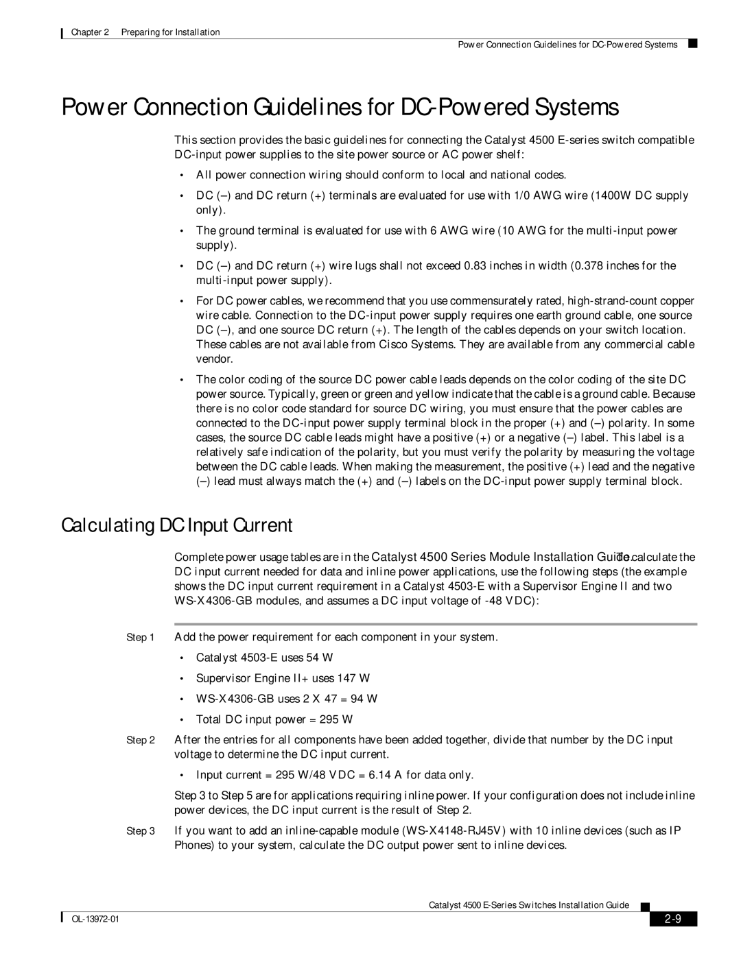 Cisco Systems 4500 E-Series manual Power Connection Guidelines for DC-Powered Systems, Calculating DC Input Current 