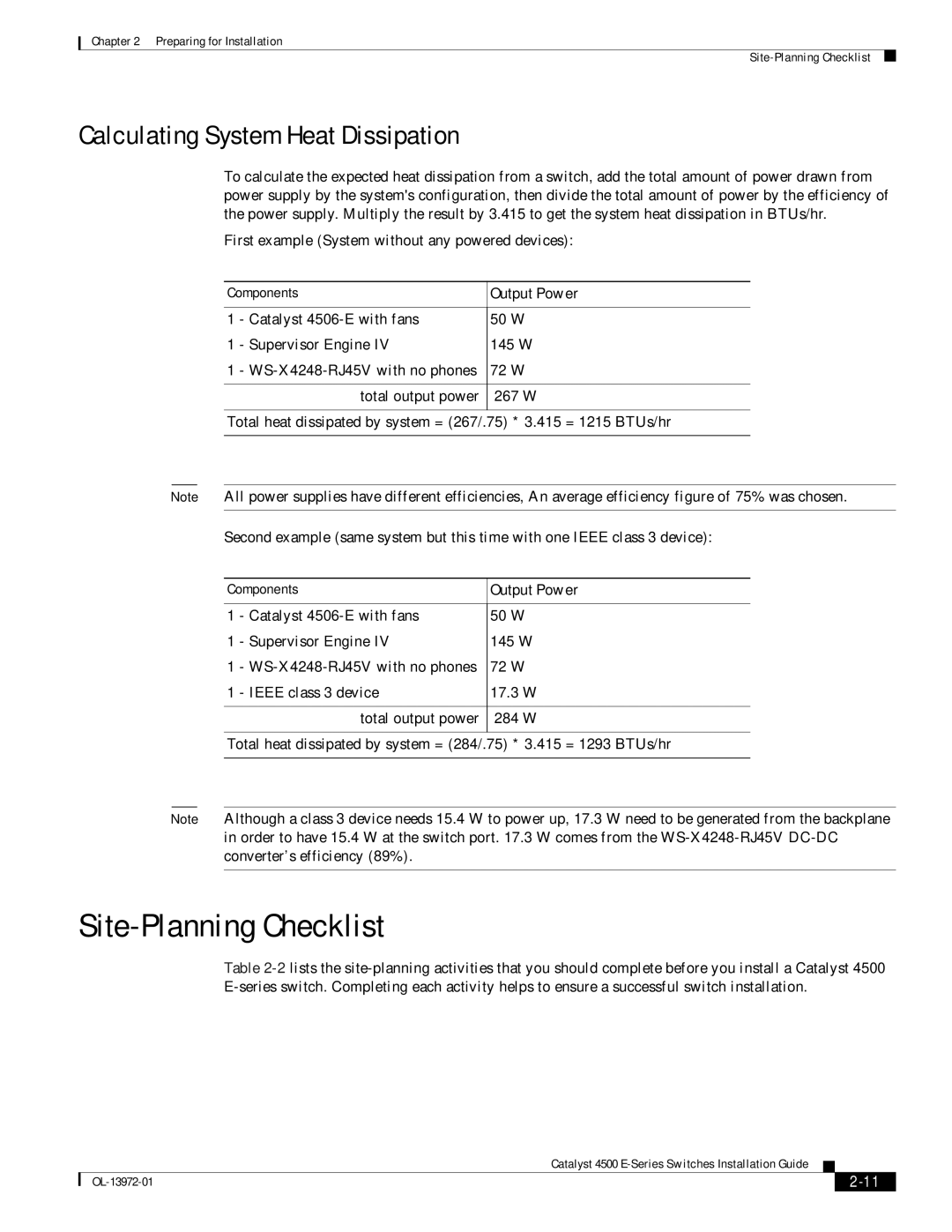 Cisco Systems 4500 E-Series, WSUPOE12VPSPL manual Site-Planning Checklist, Calculating System Heat Dissipation, Output Power 