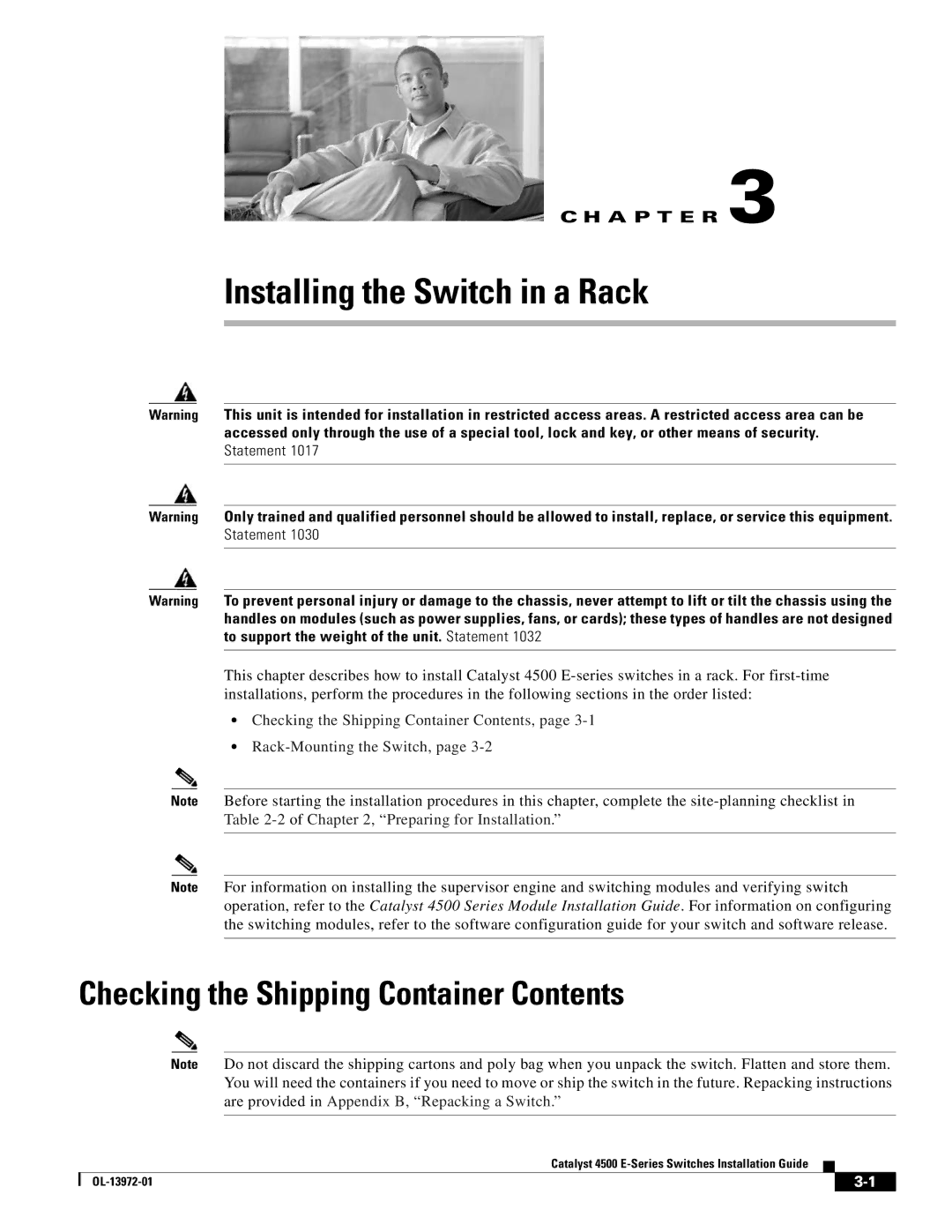 Cisco Systems 4500 E-Series, WSUPOE12VPSPL manual Installing the Switch in a Rack, Checking the Shipping Container Contents 