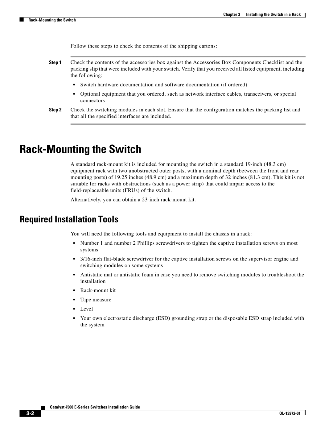 Cisco Systems WSUPOE12VPSPL, 4500 E-Series manual Rack-Mounting the Switch, Required Installation Tools 