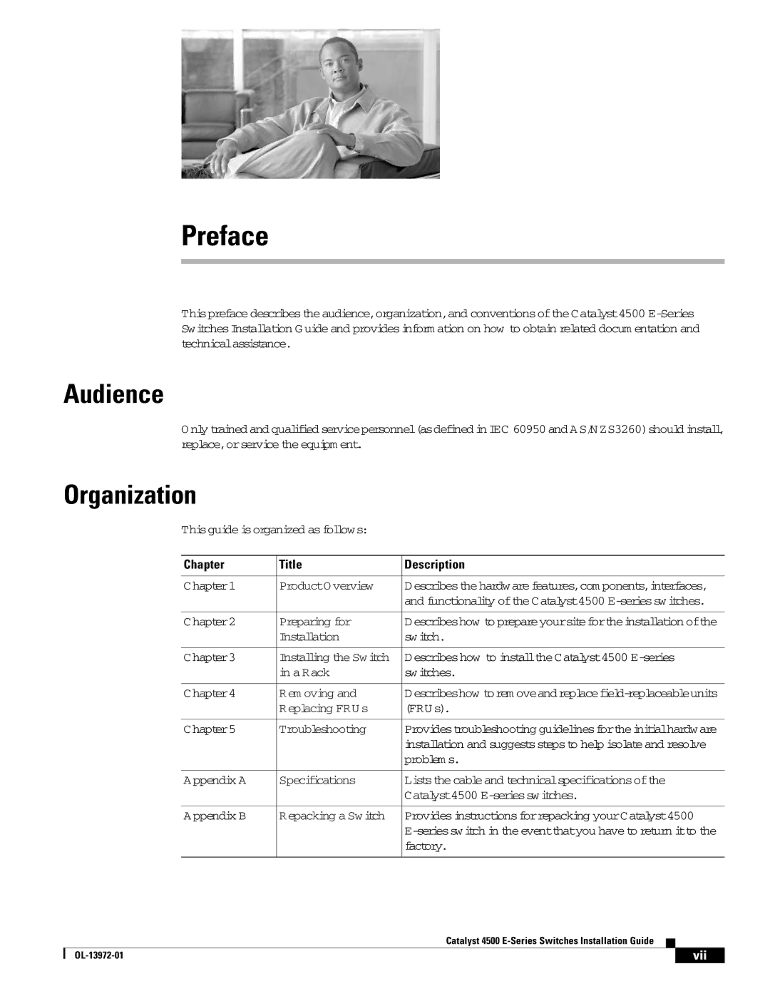 Cisco Systems 4500 E-Series, WSUPOE12VPSPL manual Audience, Organization, Chapter Title Description 