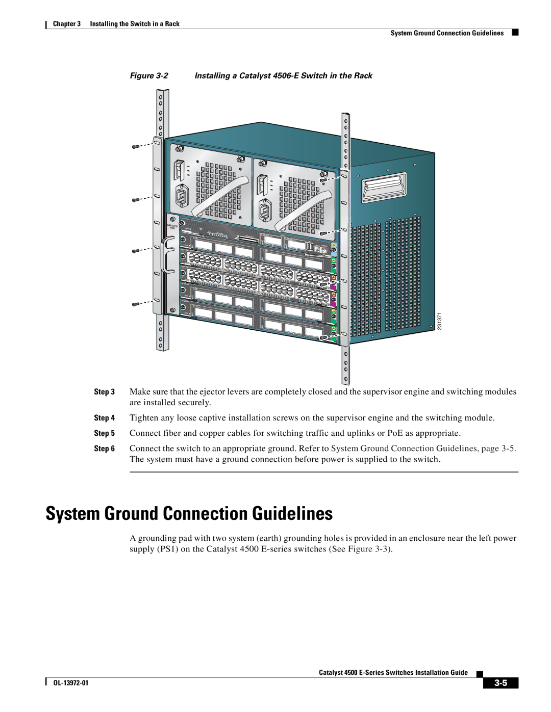 Cisco Systems 4500 E-Series manual System Ground Connection Guidelines, Installing a Catalyst 4506-E Switch in the Rack 