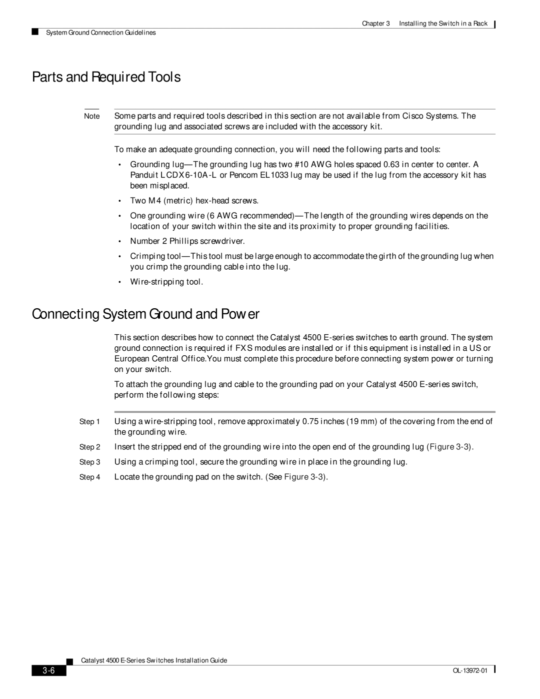 Cisco Systems WSUPOE12VPSPL, 4500 E-Series manual Parts and Required Tools, Connecting System Ground and Power 