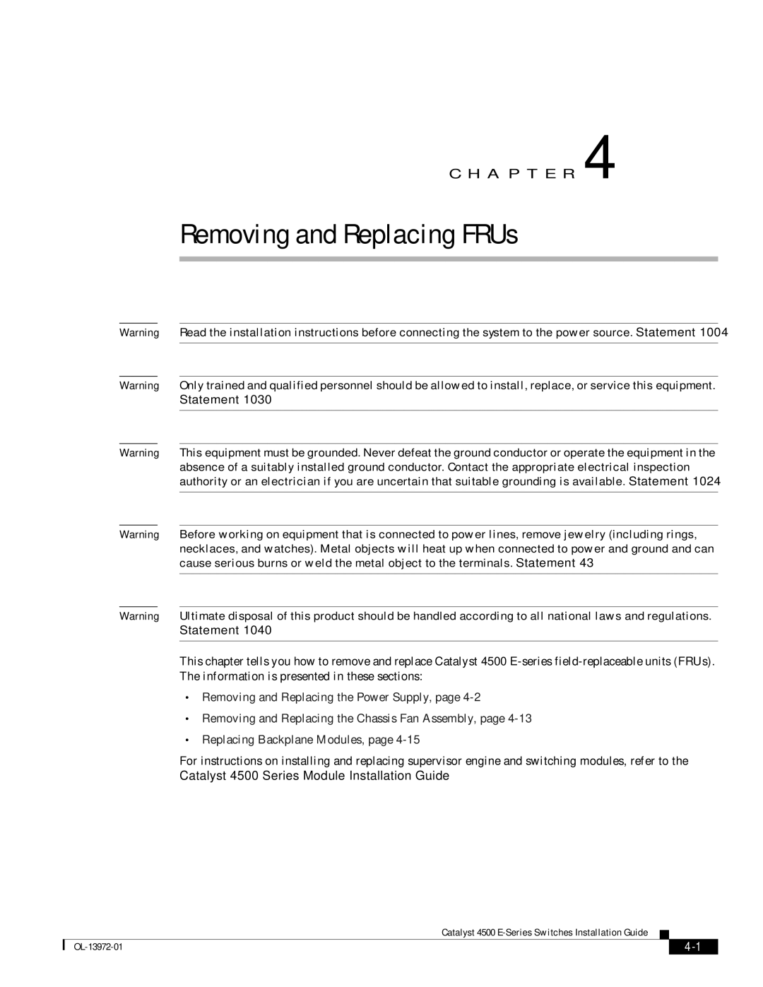 Cisco Systems 4500 E-Series, WSUPOE12VPSPL manual Removing and Replacing FRUs 