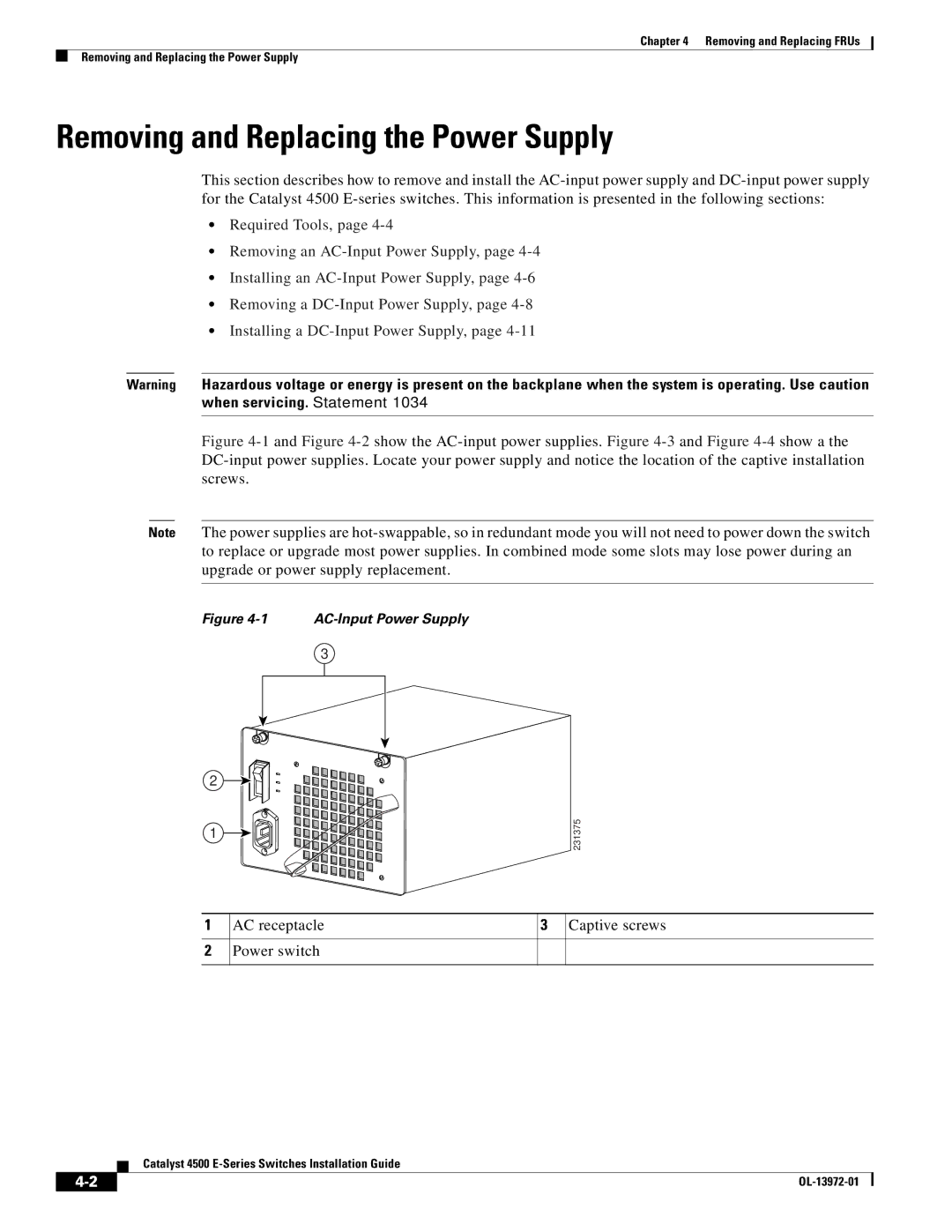 Cisco Systems WSUPOE12VPSPL, 4500 E-Series manual Removing and Replacing the Power Supply, AC-Input Power Supply 