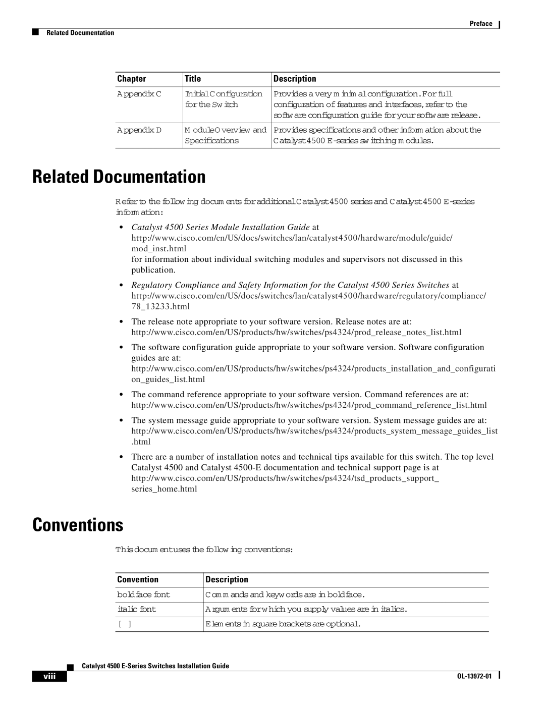 Cisco Systems WSUPOE12VPSPL, 4500 E-Series manual Related Documentation, Conventions, Convention Description 