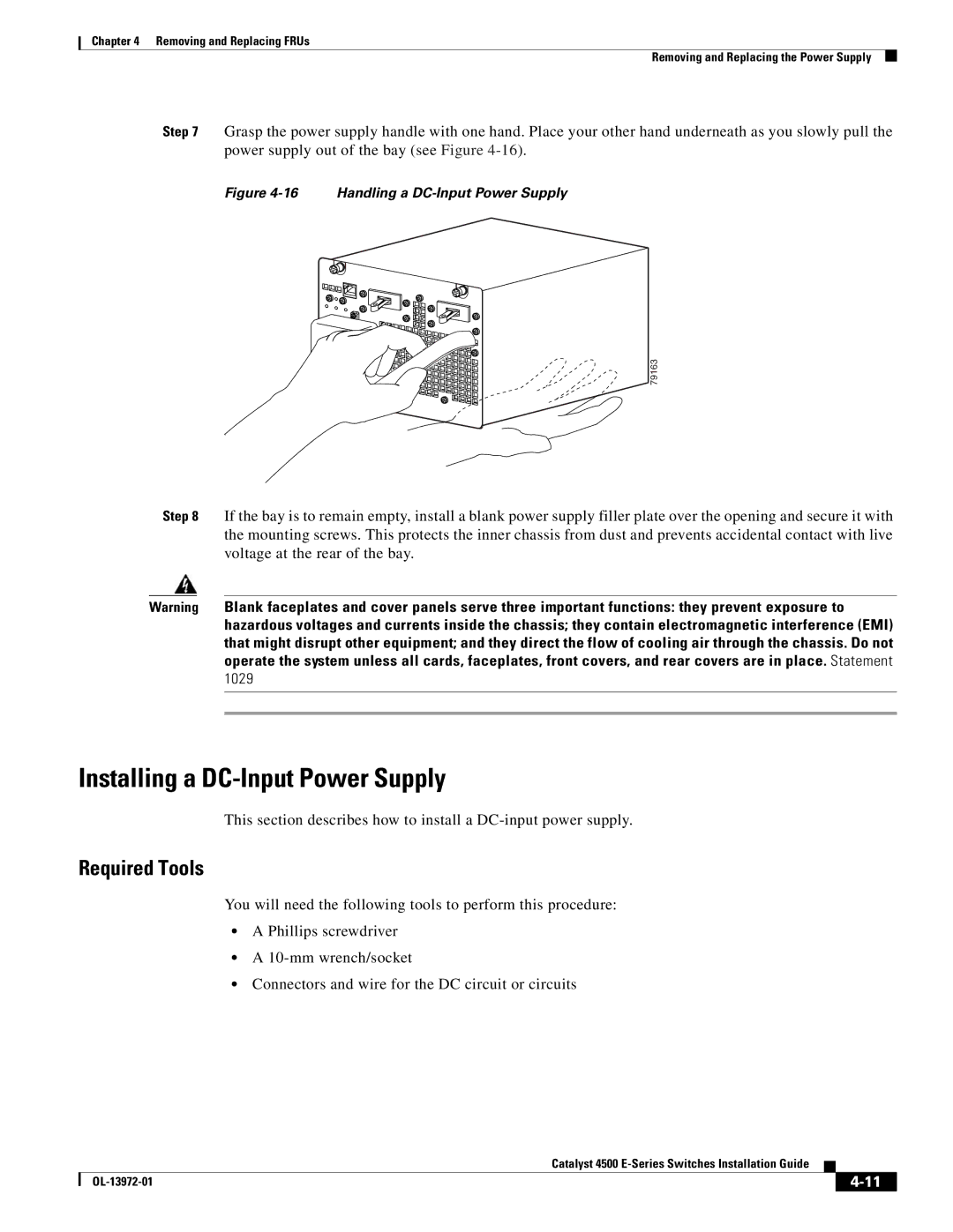 Cisco Systems 4500 E-Series, WSUPOE12VPSPL manual Installing a DC-Input Power Supply, Handling a DC-Input Power Supply 