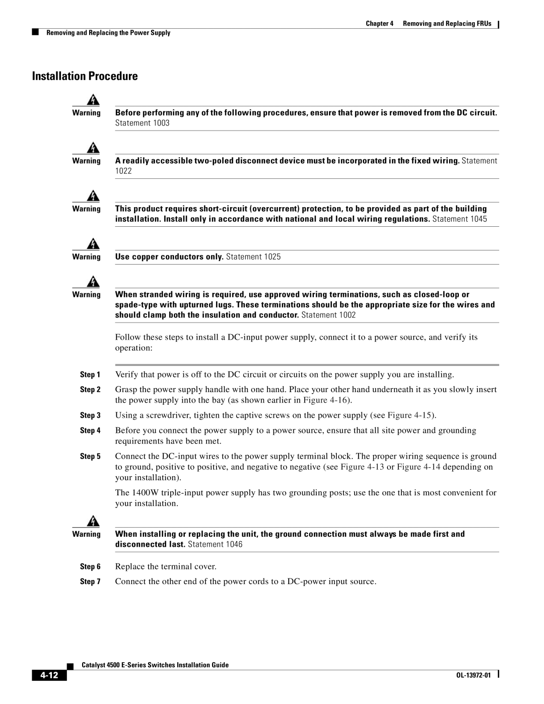 Cisco Systems WSUPOE12VPSPL, 4500 E-Series manual Installation Procedure 