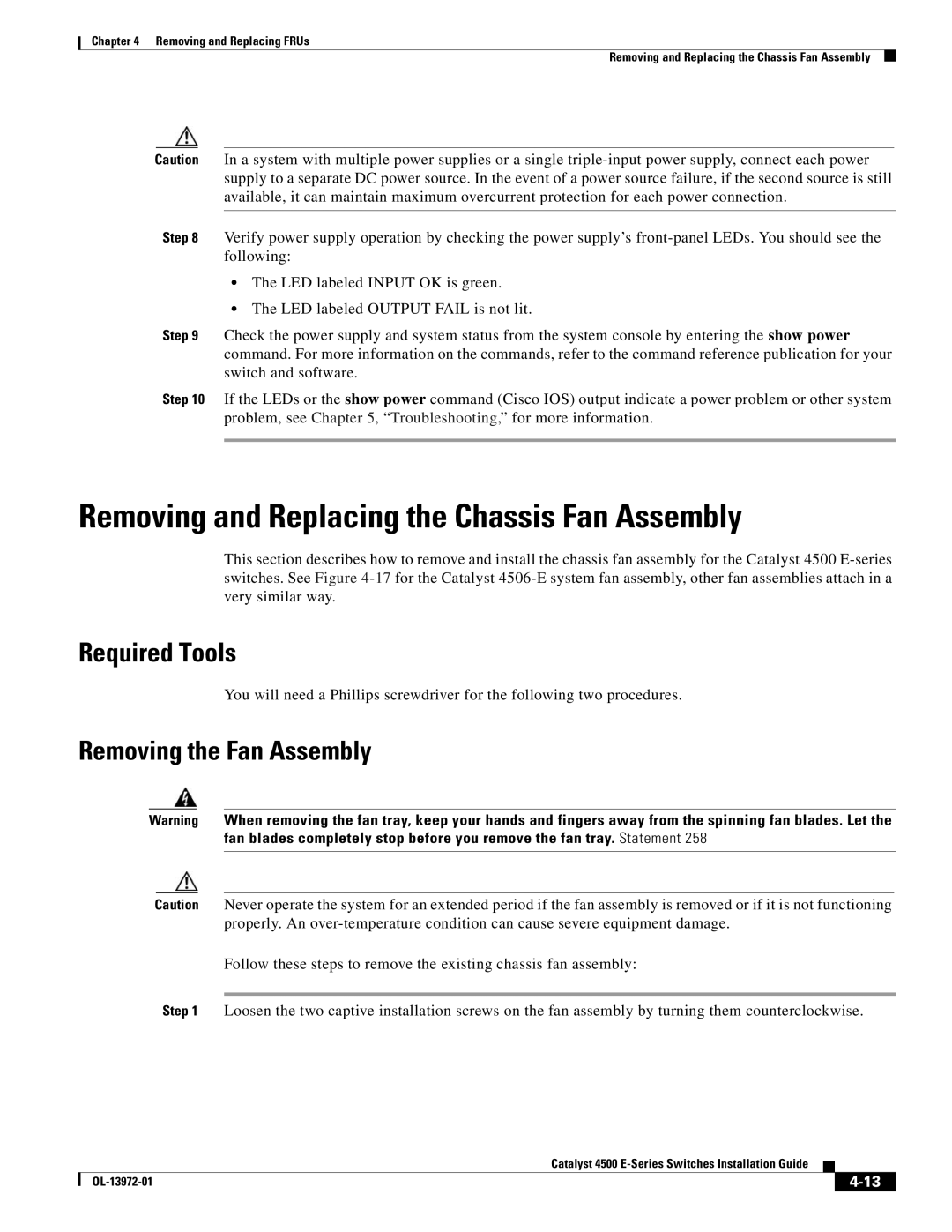 Cisco Systems 4500 E-Series, WSUPOE12VPSPL manual Removing and Replacing the Chassis Fan Assembly, Removing the Fan Assembly 