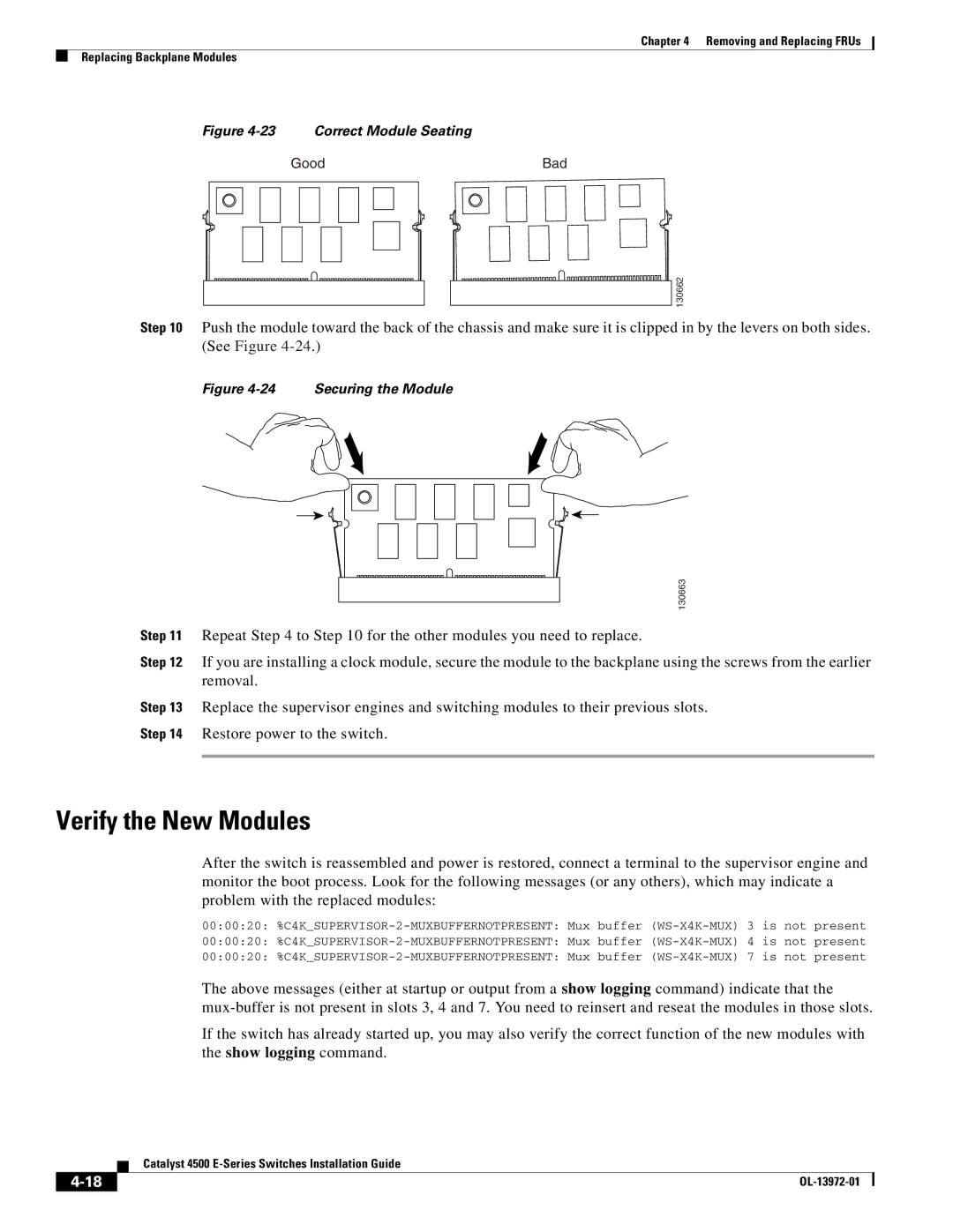 Cisco Systems WSUPOE12VPSPL, 4500 E-Series manual Verify the New Modules, Correct Module Seating 