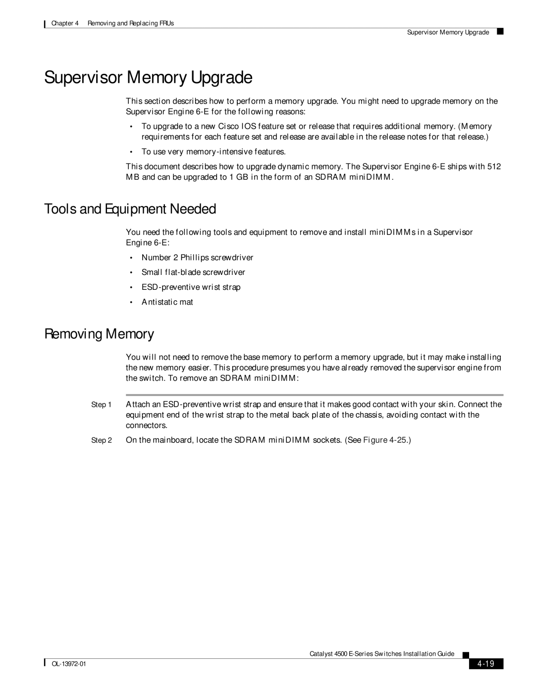 Cisco Systems 4500 E-Series, WSUPOE12VPSPL manual Supervisor Memory Upgrade, Tools and Equipment Needed, Removing Memory 