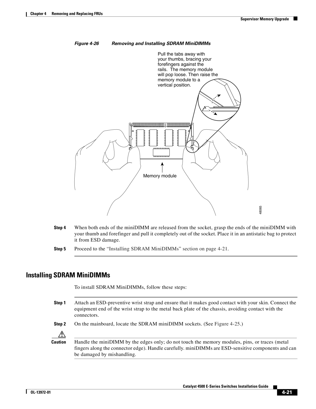 Cisco Systems 4500 E-Series, WSUPOE12VPSPL manual Removing and Installing Sdram MiniDIMMs 