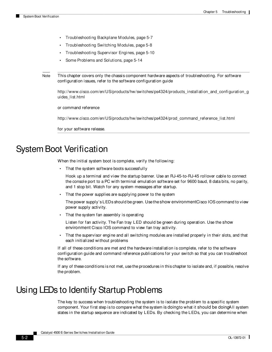 Cisco Systems WSUPOE12VPSPL, 4500 E-Series manual System Boot Verification, Using LEDs to Identify Startup Problems 