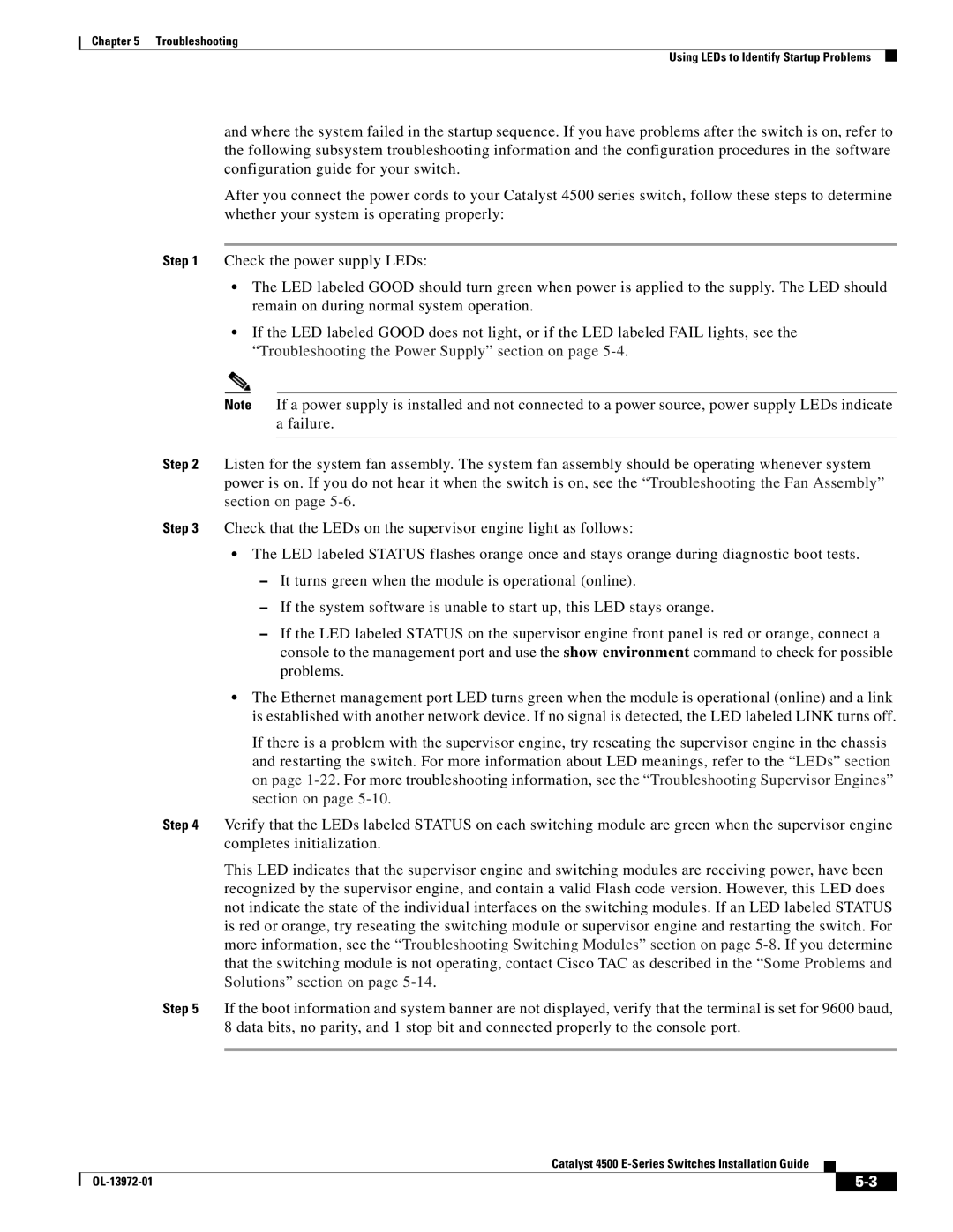 Cisco Systems 4500 E-Series, WSUPOE12VPSPL manual Troubleshooting Using LEDs to Identify Startup Problems 