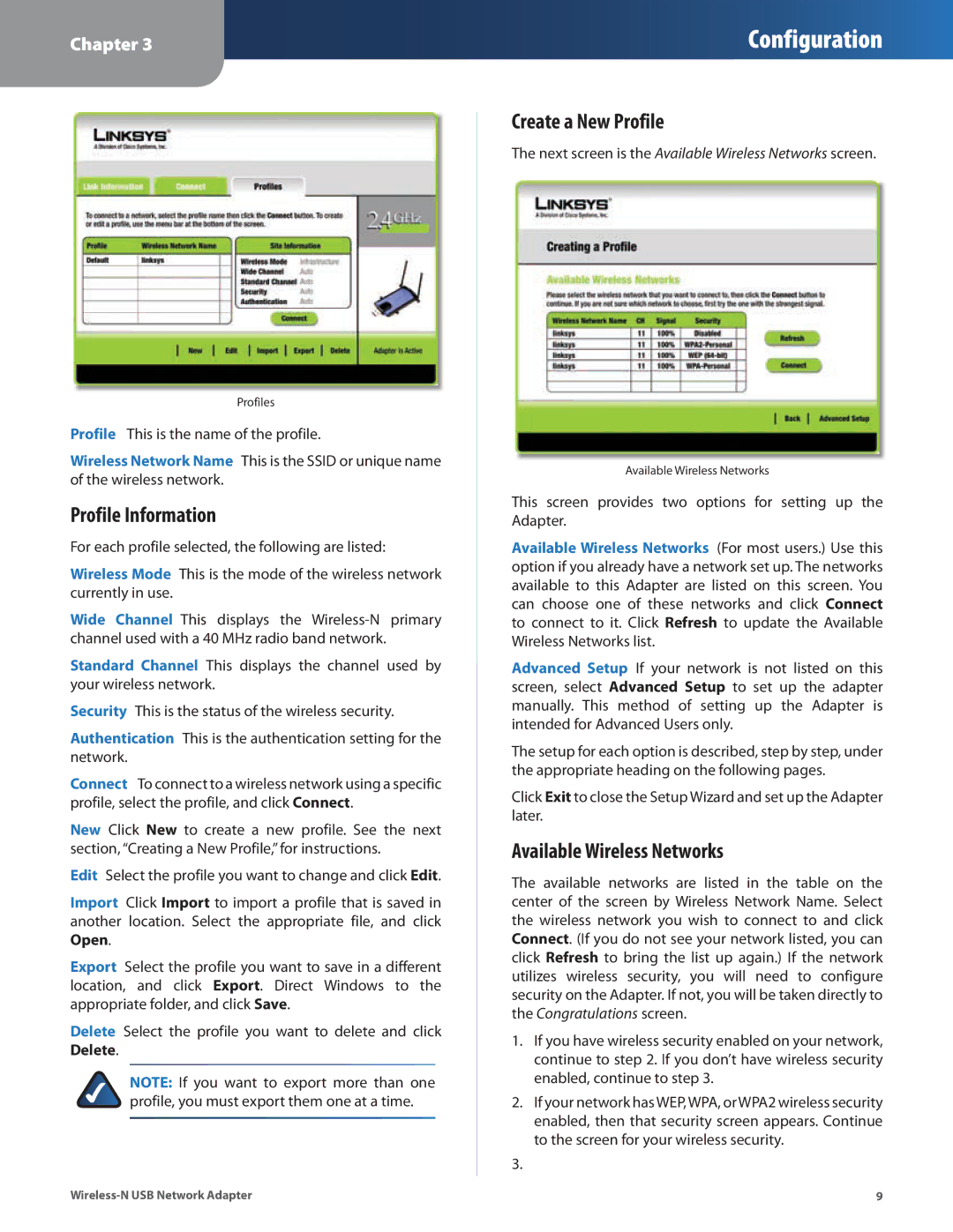 Cisco Systems WUSB300N manual Profile Information, Create a New Profile, Available Wireless Networks 