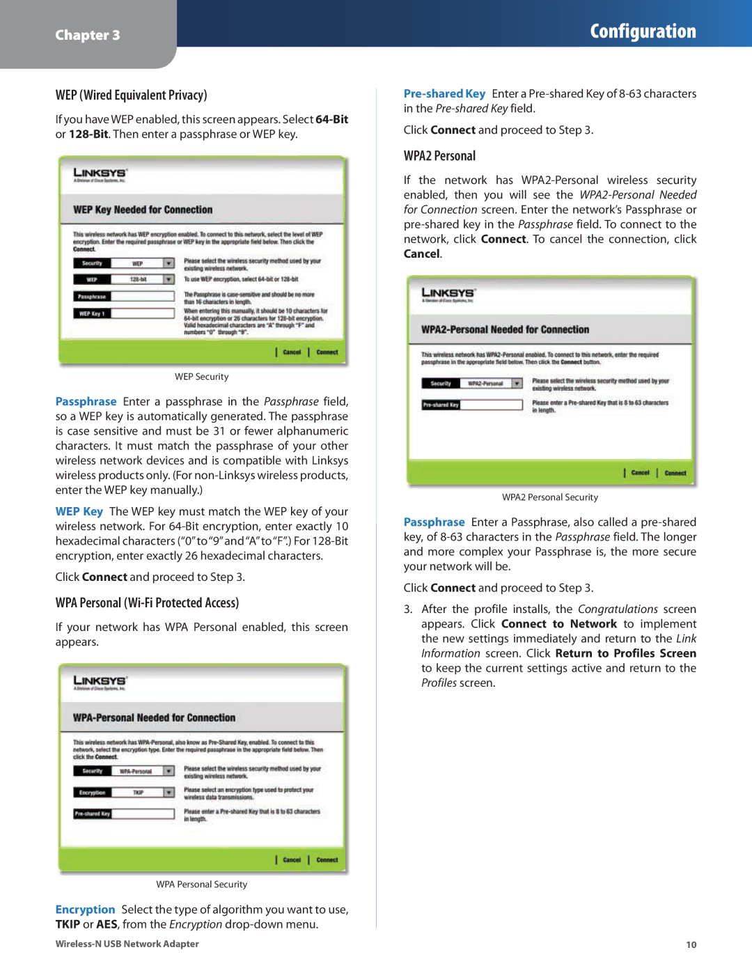 Cisco Systems WUSB300N manual WEP Wired Equivalent Privacy, WPA Personal Wi-Fi Protected Access 