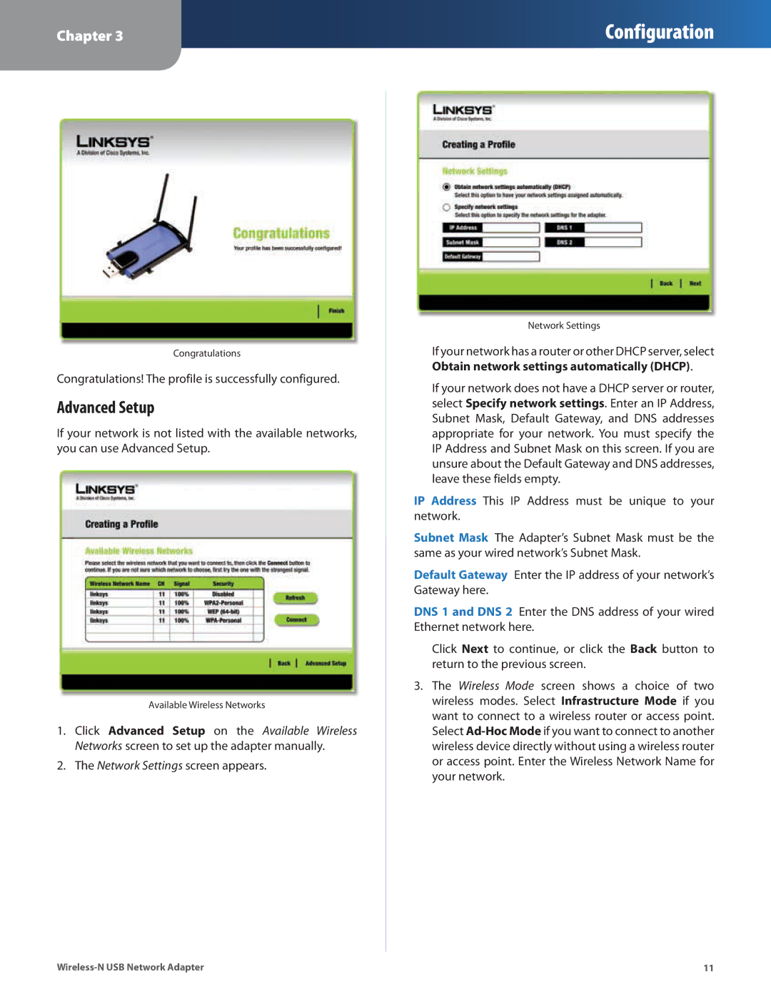 Cisco Systems WUSB300N manual Advanced Setup, Obtain network settings automatically Dhcp 