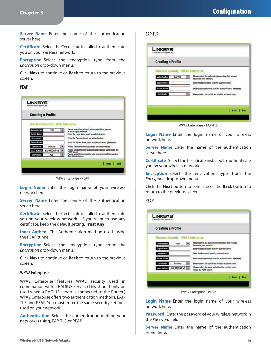 Cisco Systems WUSB300N manual WPA2 Enterprise, Peap 