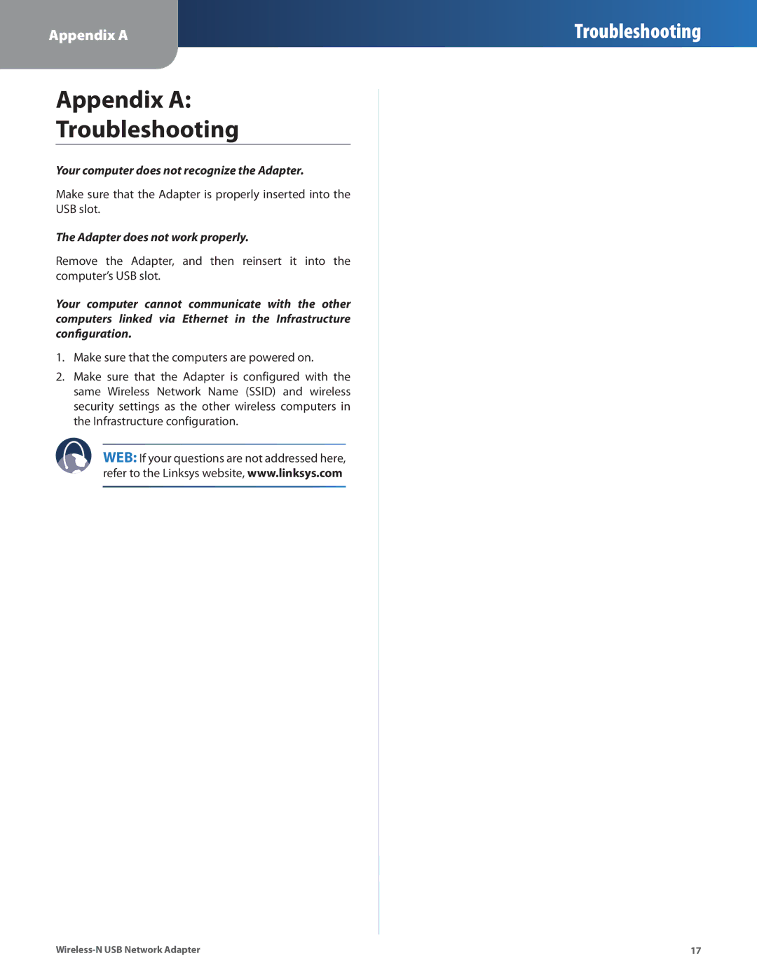 Cisco Systems WUSB300N manual Appendix a Troubleshooting 