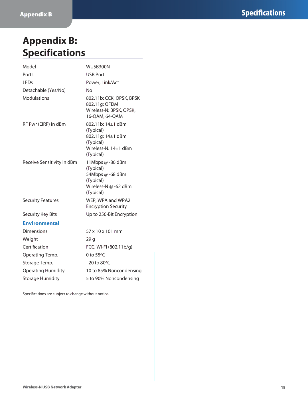 Cisco Systems WUSB300N manual Appendix B Specifications 