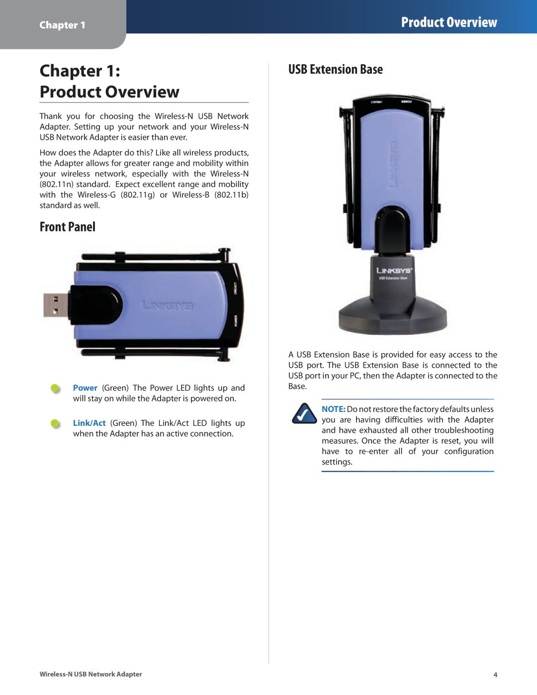 Cisco Systems WUSB300N manual Chapter Product Overview, Front Panel, USB Extension Base 