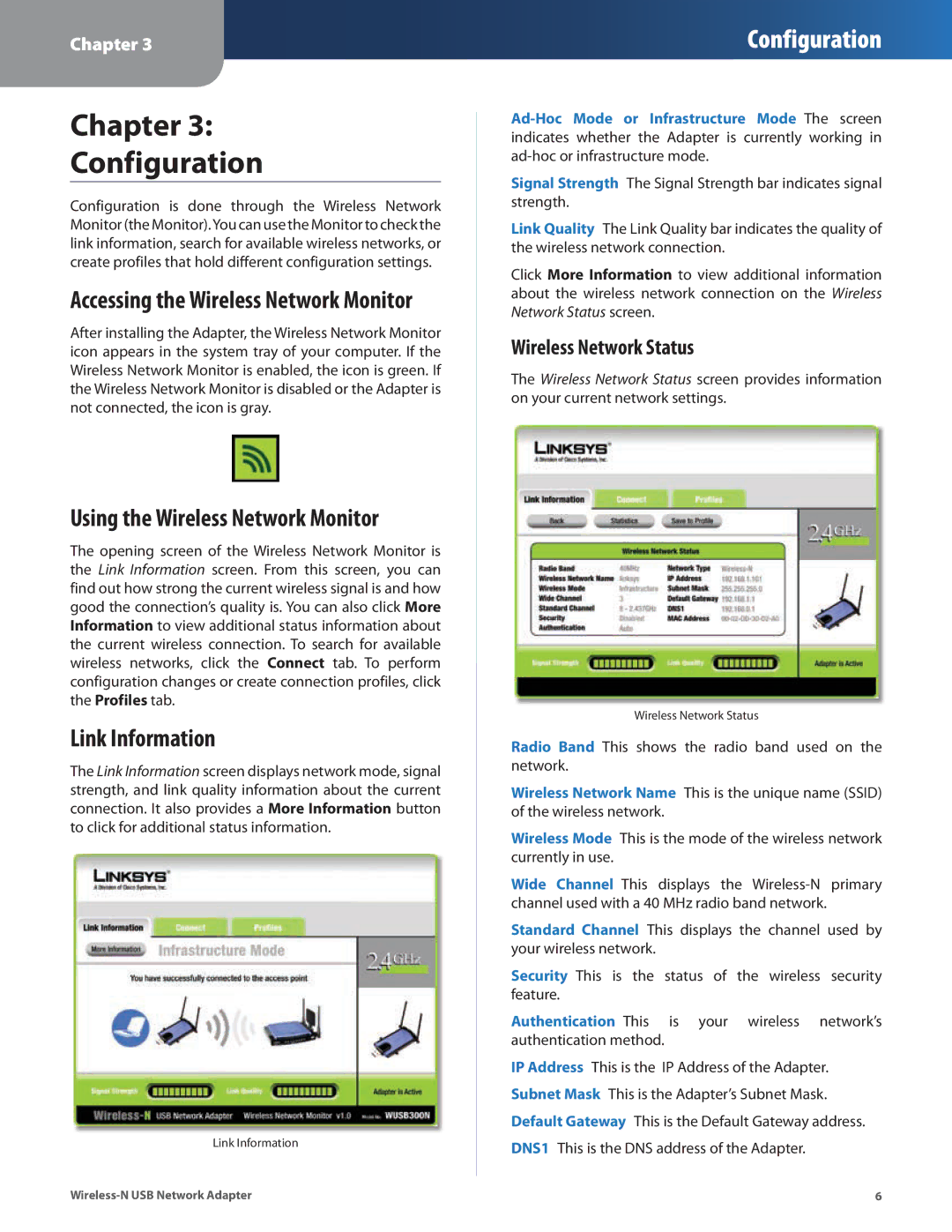 Cisco Systems WUSB300N manual Chapter Configuration, Using the Wireless Network Monitor, Link Information 