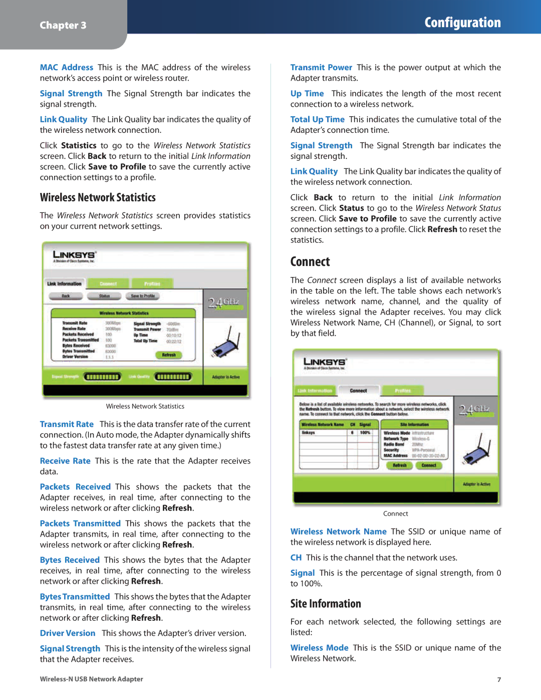 Cisco Systems WUSB300N manual Connect, Wireless Network Statistics, Site Information 