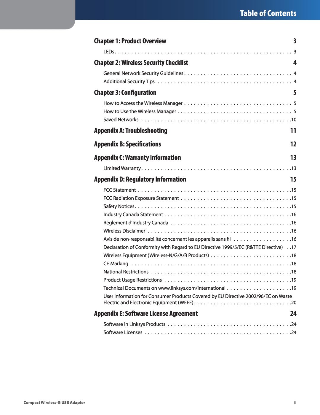 Cisco Systems WUSB54GC manual Table of Contents, Product Overview, Wireless Security Checklist, Configuration 