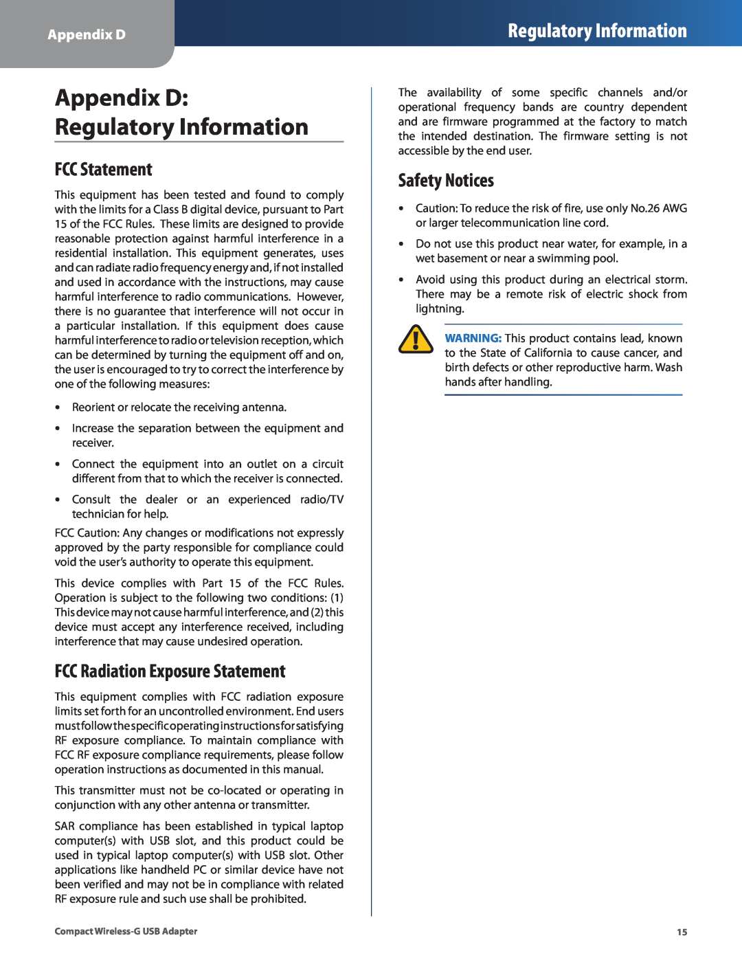 Cisco Systems WUSB54GC Appendix D Regulatory Information, FCC Statement, FCC Radiation Exposure Statement, Safety Notices 