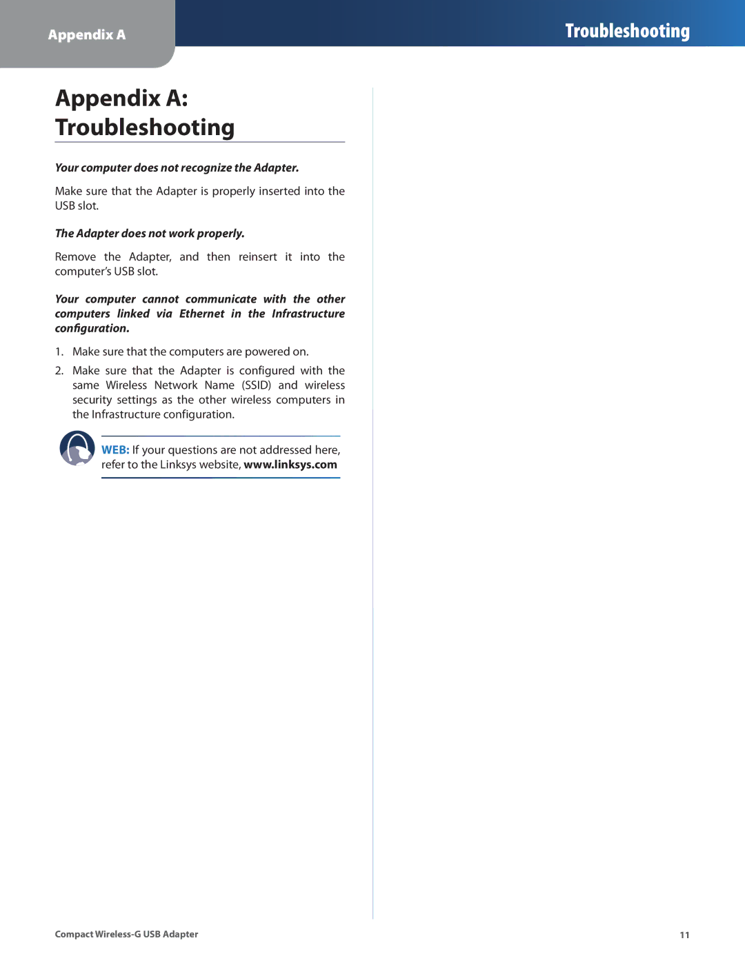 Cisco Systems WUSB54GC manual Appendix a Troubleshooting 