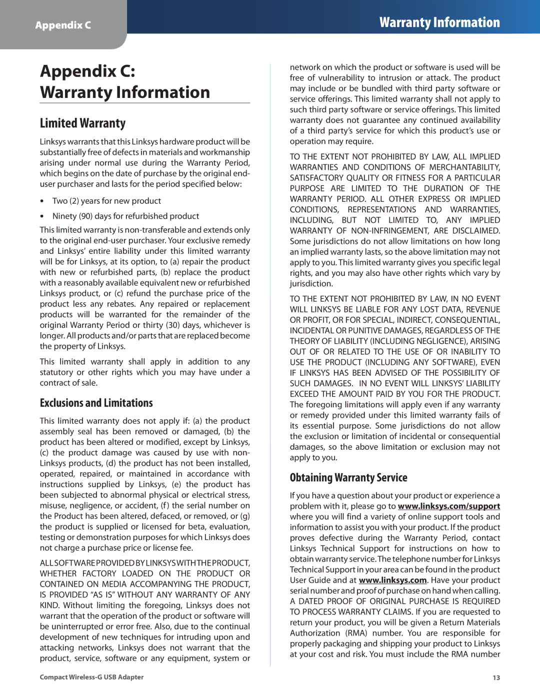 Cisco Systems WUSB54GC manual Limited Warranty, Exclusions and Limitations, Obtaining Warranty Service 