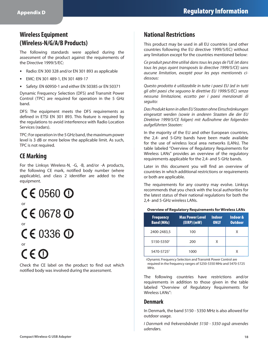 Cisco Systems WUSB54GC manual Wireless Equipment Wireless-N/G/A/B Products, CE Marking, National Restrictions, Denmark 