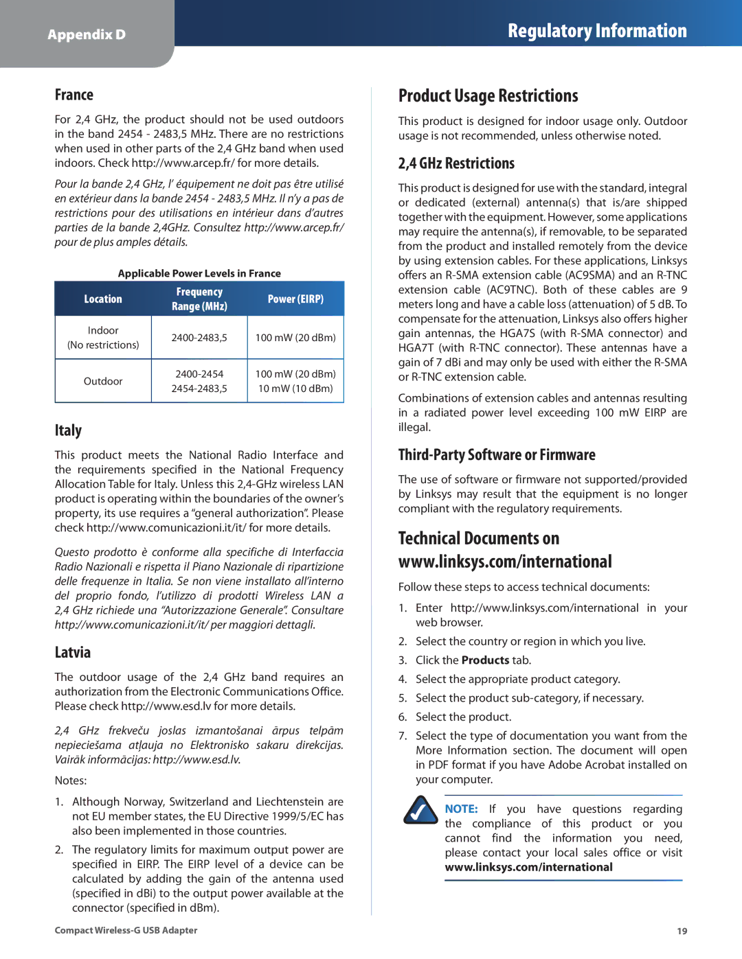 Cisco Systems WUSB54GC manual Product Usage Restrictions, Technical Documents on 