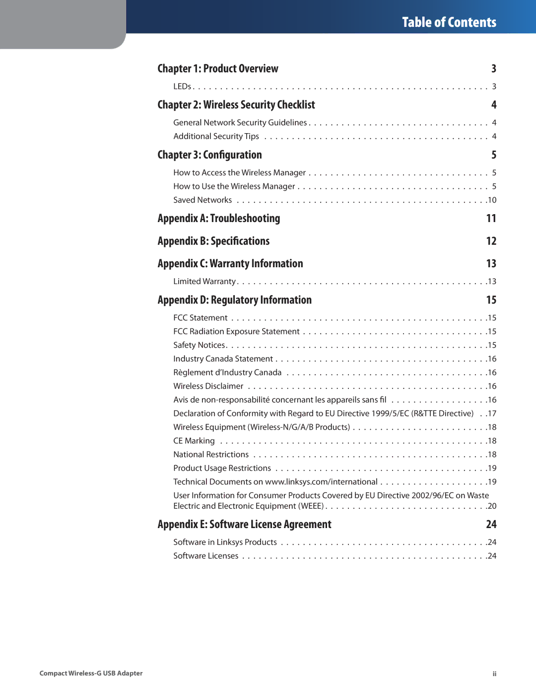 Cisco Systems WUSB54GC manual Table of Contents 