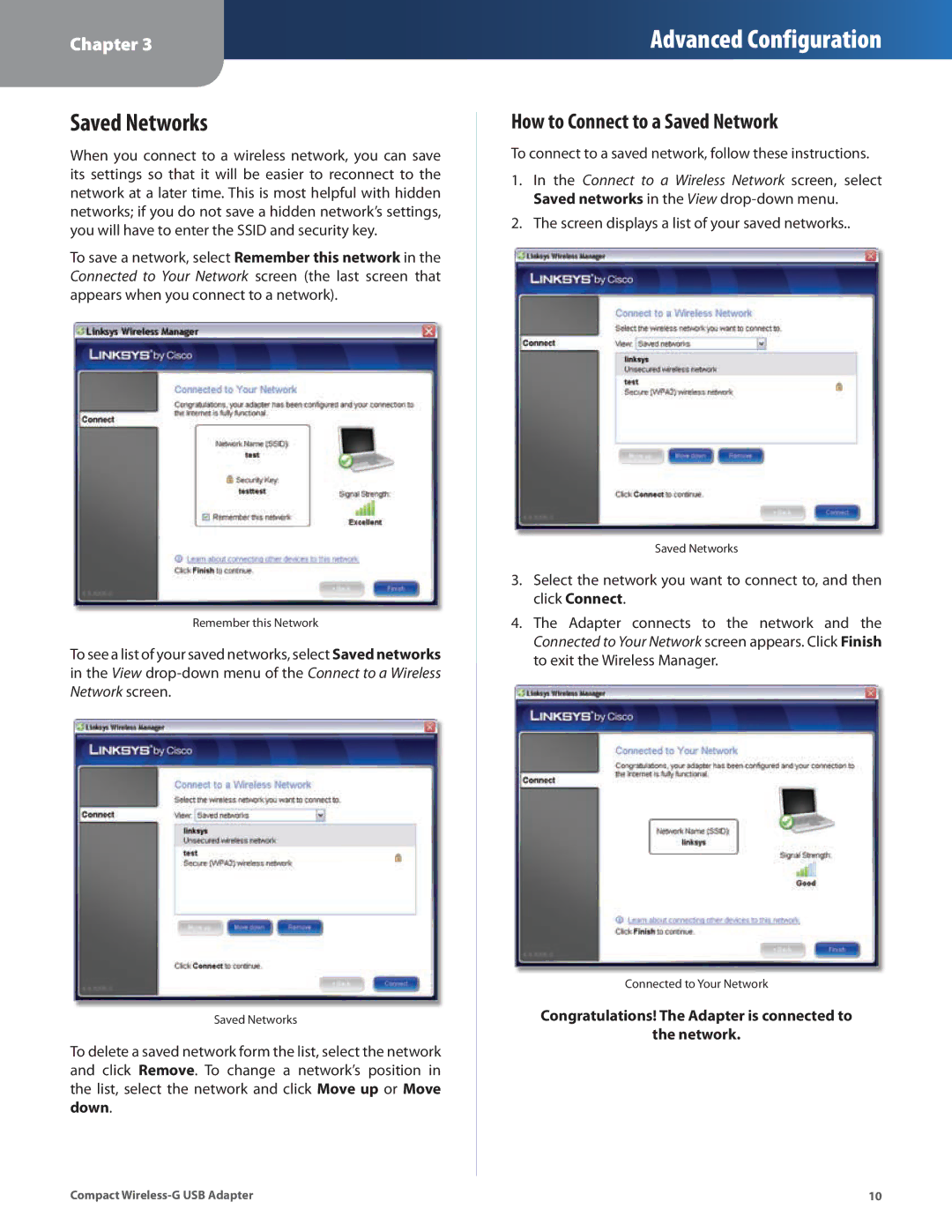 Cisco Systems WUSB54GC manual Saved Networks, How to Connect to a Saved Network 