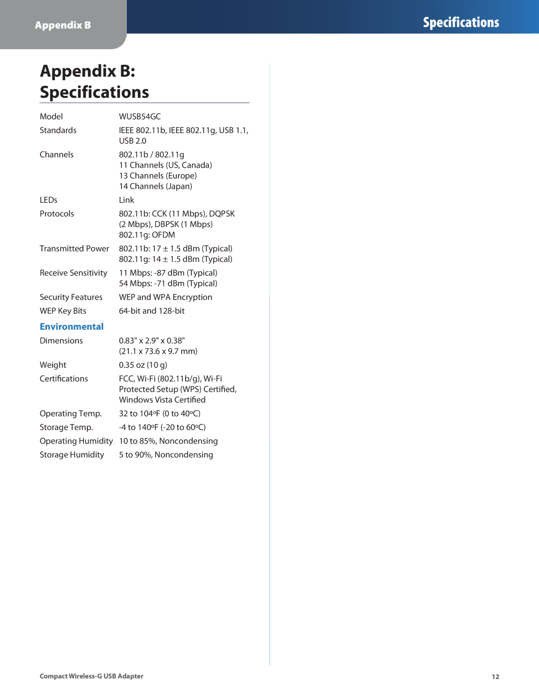 Cisco Systems WUSB54GC manual Appendix B Specifications 