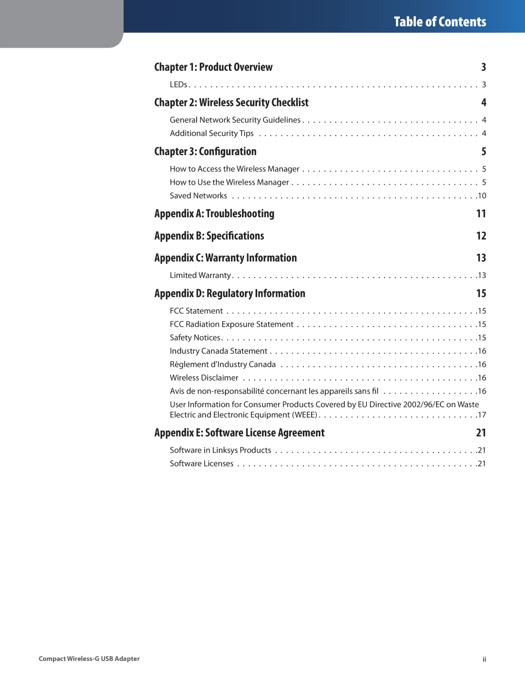 Cisco Systems WUSB54GC manual Table of Contents 