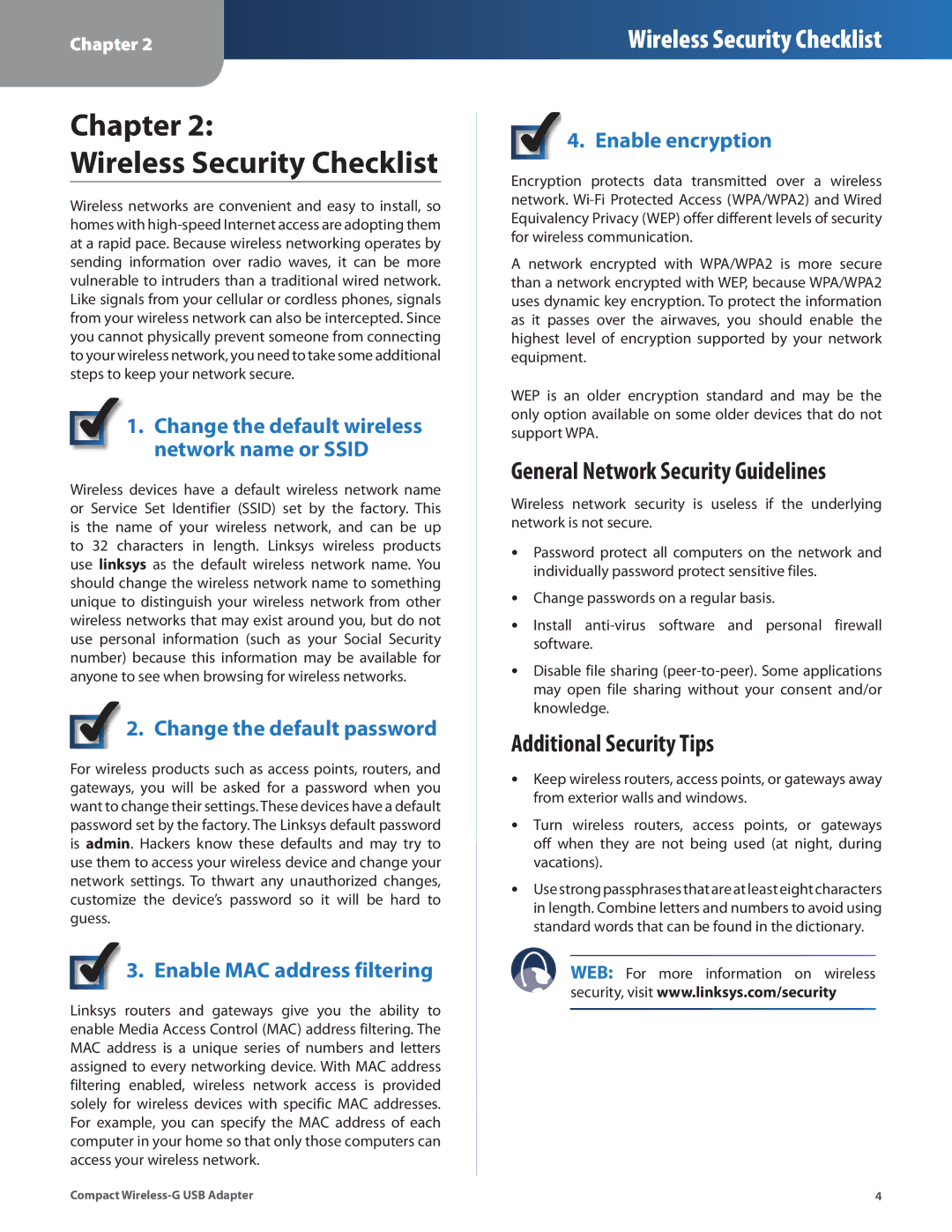 Cisco Systems WUSB54GC Chapter Wireless Security Checklist, General Network Security Guidelines, Additional Security Tips 