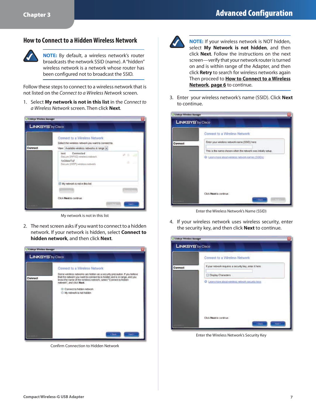 Cisco Systems WUSB54GC manual How to Connect to a Hidden Wireless Network 