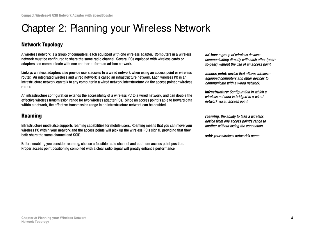 Cisco Systems WUSB54GSC manual Planning your Wireless Network, Network Topology, Roaming, Ssid your wireless network’s name 