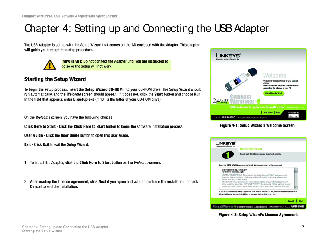 Cisco Systems WUSB54GSC manual Setting up and Connecting the USB Adapter, Starting the Setup Wizard 