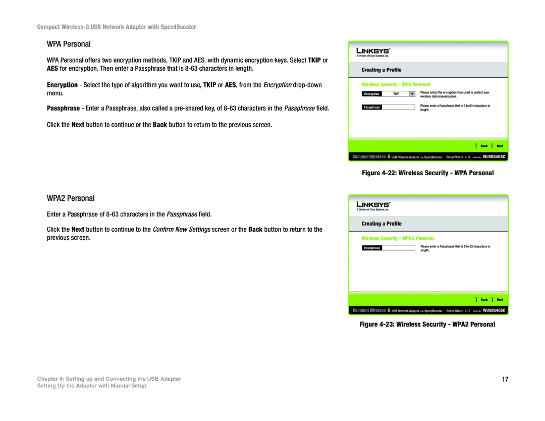 Cisco Systems WUSB54GSC manual WPA Personal, WPA2 Personal 