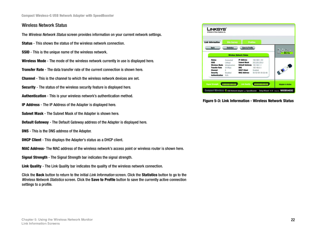 Cisco Systems WUSB54GSC manual Wireless Network Status 