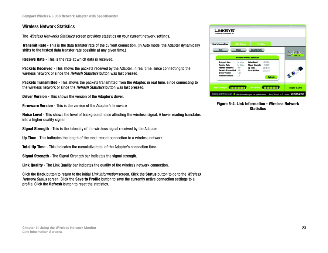 Cisco Systems WUSB54GSC manual Link Information Wireless Network Statistics 