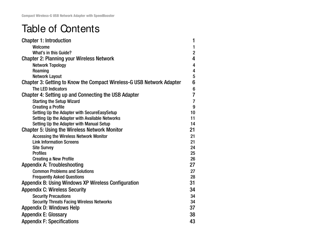 Cisco Systems WUSB54GSC manual Table of Contents 