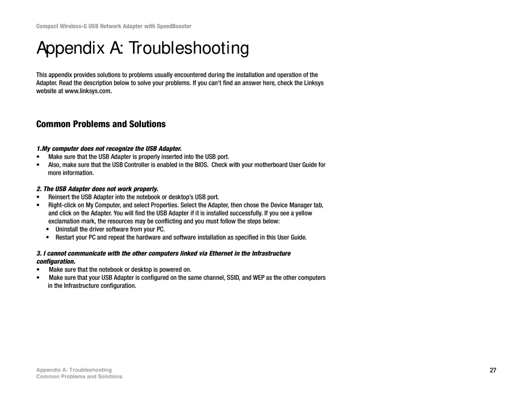 Cisco Systems WUSB54GSC Appendix a Troubleshooting, Common Problems and Solutions, USB Adapter does not work properly 