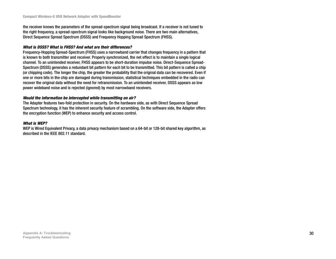 Cisco Systems WUSB54GSC manual What is DSSS? What is FHSS? And what are their differences?, What is WEP? 