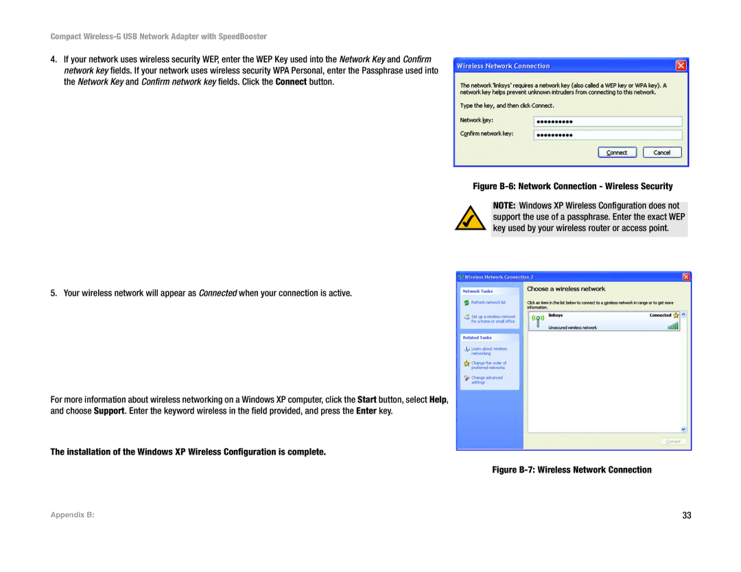 Cisco Systems WUSB54GSC manual Figure B-6 Network Connection Wireless Security 