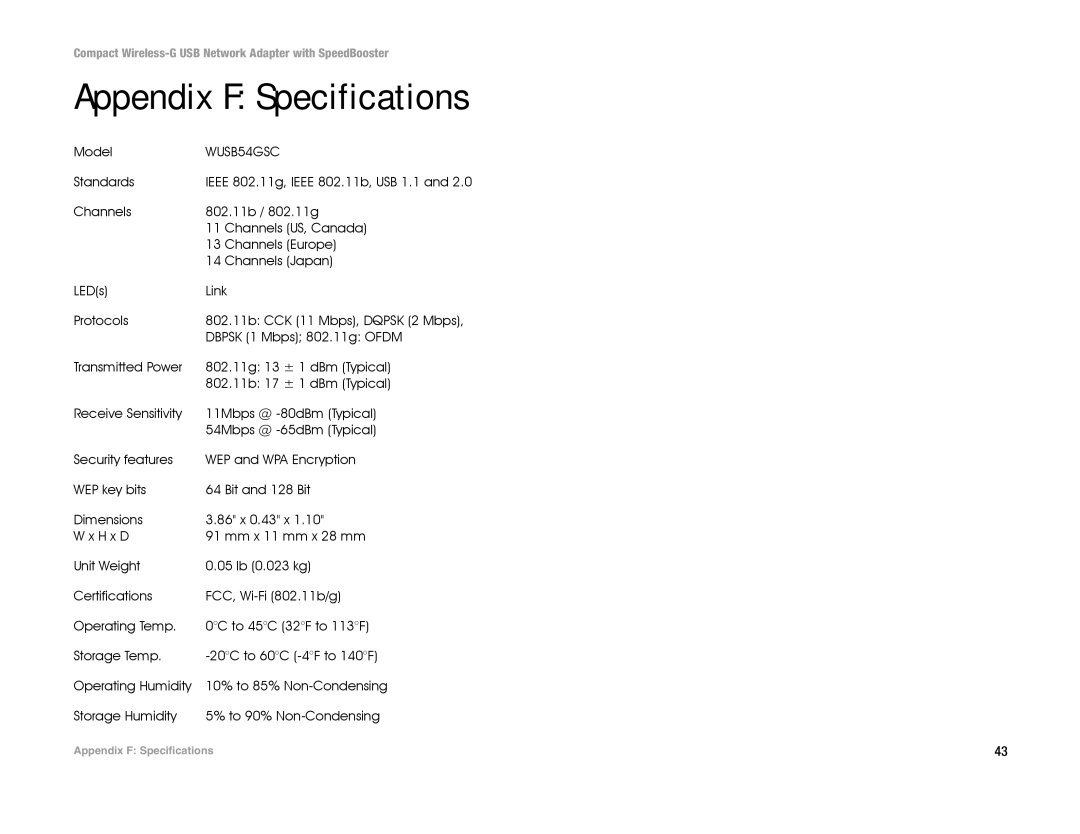 Cisco Systems WUSB54GSC manual Appendix F Specifications 