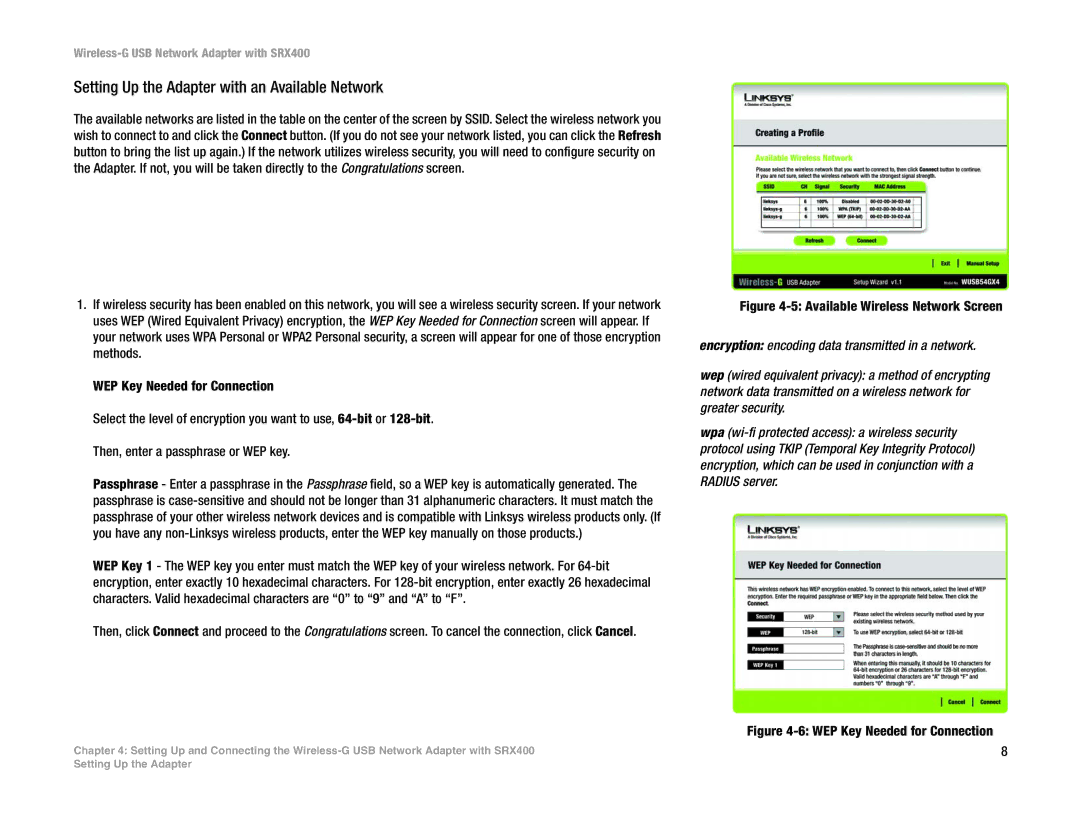 Cisco Systems WUSB54GX4 manual Setting Up the Adapter with an Available Network, Available Wireless Network Screen 